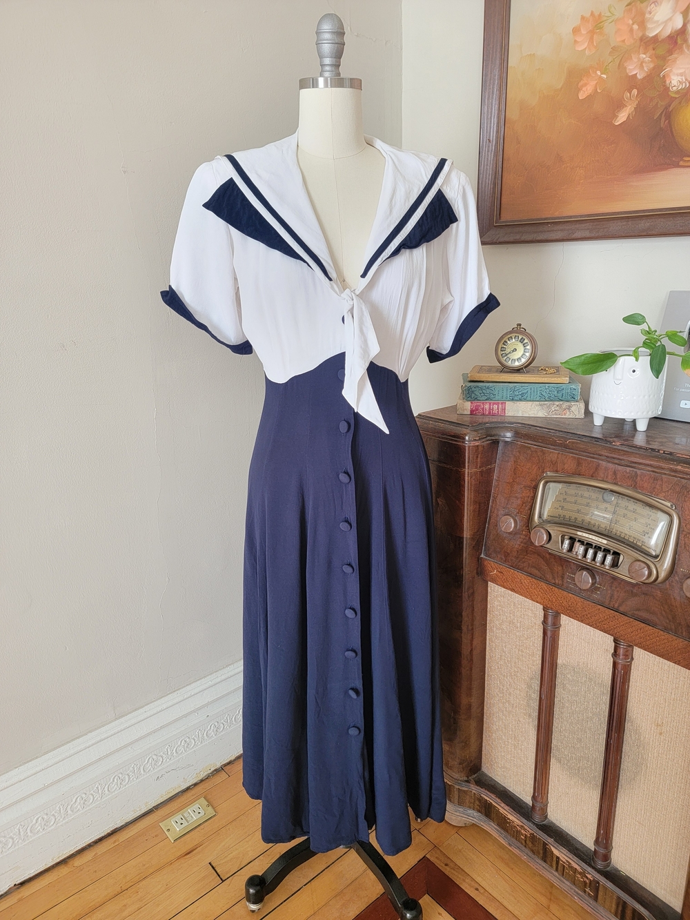 Vintage 80's Navy White Sailor-Style Pinup Dress 8 Medium - Picture 6 of 8